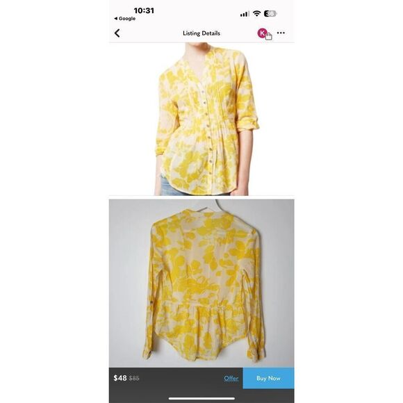 Anthropologie Maeve Yellow Floral Pintuck Peplum Blouse Size 4 - Picture 6 of 8